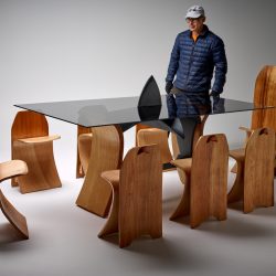 The Waveform 8-seater Shark Table with 2nd Prototype Lip Service Dining Chairs with designer!